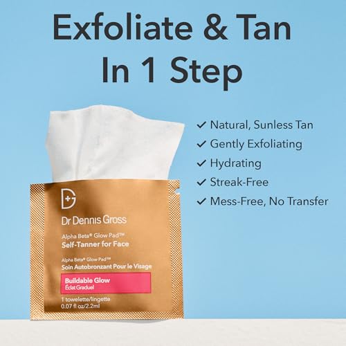 Dr. Dennis Gross Glow Pad Self-Tanner for Face ? Exfoliating & Anti-Aging Towelette with AHAs & BHAs, Buildable Natural Glow, Hydrating & Streak-Free Application, 20 Pack