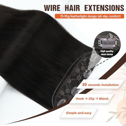 Invisible Wire Hair Extensions Real Human Hair - 22 Inch 95G Jet Black Transparent Fish Line Clip-Ins Hair Piece, 100% Remy Human Hair Extensions for Women