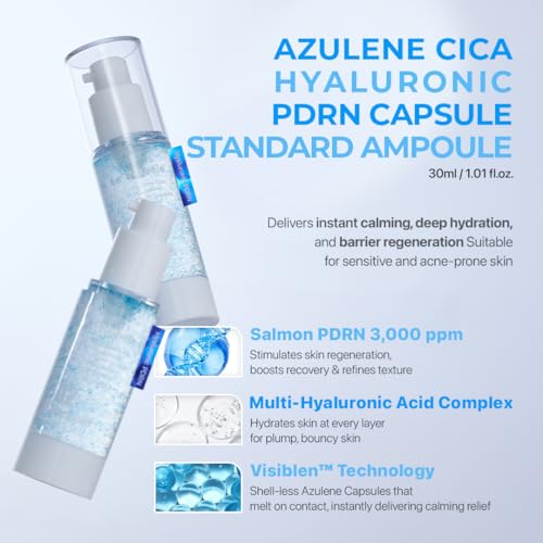 Le Nubele Azulene Cica Hyaluronic PDRN Capsule Standard Ampoule 02, Salmon DNA PDRN 3,000ppm, Peptide, Collagen Booster, Skin Rejuvenation, Hydrating, Acne Skin, Korean Skin Care 30ml/1.01 fl.oz.