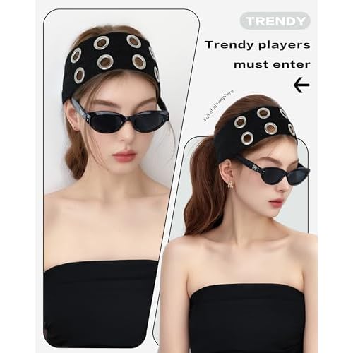 Grommet Headband for Women, Wide Black 20cm Hollow Out Elastic Hair Band, Eyelets Punk Grunge Stylish Hairband