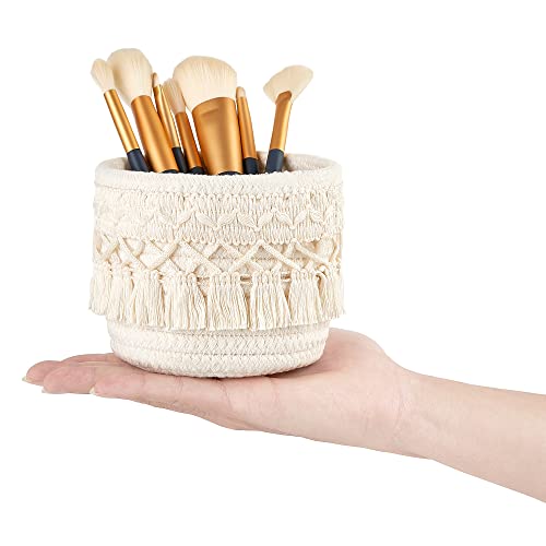 Mkono Macrame Makeup Brush Holder Organizer Comb Brushes Mini Storage Basket Set of 2 Boho Decor Baskets for Pen Pencil Box Container ,Ivory