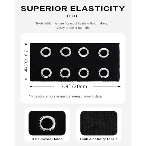 Grommet Headband for Women, Wide Black 20cm Hollow Out Elastic Hair Band, Eyelets Punk Grunge Stylish Hairband