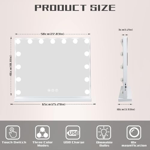 COOLJEEN Hollywood Vanity Mirror with 15 Dimmable Bulbs and USB Charging Port, 3 Color Lighted Makeup Mirror with 10X Magnification, Tabletop