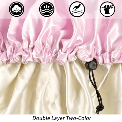 Satin Silk Bonnet for Curly Hair Bonnet Braid Bonnet for Sleeping Bonnets for Women Large Double-Layer Adjustable(Black&Pink)