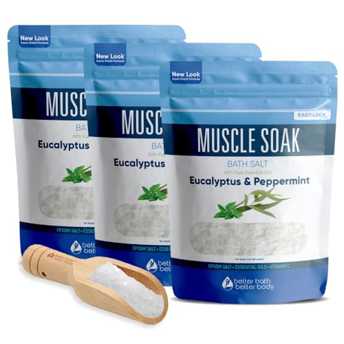 Muscle Bath Salt (3-Pack with Scoop) Muscle Bath Soaks with Pure Essential Oils in BPA Free Pouch with Press-Lock Seal Made in USA, Three 2-lbs Pouches 6-Lbs Total