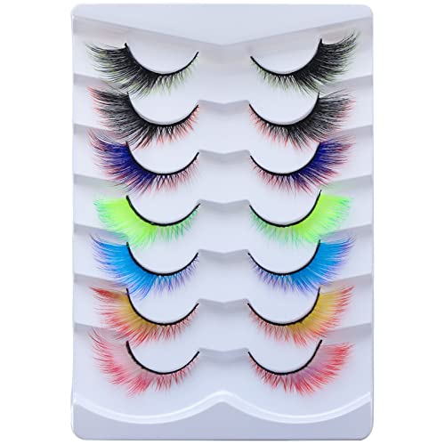 Outopen 7 Pairs Angel Colored Lashes Fluffy Wispy Winged False Eyelashes Halloween Cosplay Makeup Colorful Eye Lashes Like Extensions