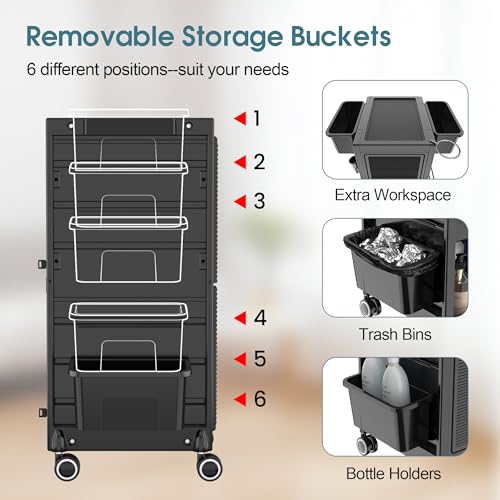 Lockable Salon Trolley Salon Cart on Wheels Rolling Tray Large Storage Salon Trolley W/Towel and Mirror Rack, Heat Resistant Appliance Rack, 4 Remove Drawers, 2 Buckets for Salon Spa Store