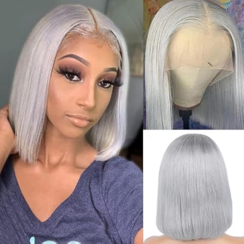 Smartinnov Grey Bob Wigs Human Hair 13x4 Lace Front Wigs Glueless Brazilian Remy Hair Straight for Women 8 Inch Pre Plucked Natural Hairline 180% Density Grey HD Lace Frontal Short Bob Wigs