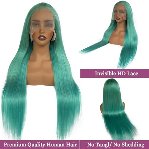 Turquoise Lace Front Wigs Human Hair 26 Inch Glueless Transparent 13x6 Lace Front Wigs Human Hair Pre Plucked Colored Aqua Blue Wig Human Hair 180% Density Teal Lace Frontal Wigs for Black Women