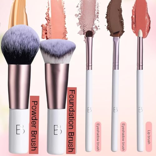 BS-MALL Travel Makeup Brushes Premium Synthetic Foundation Powder Concealers Eye Shadows 7 PCS with Triangle Puff & Storage Bag (Rose Pink)