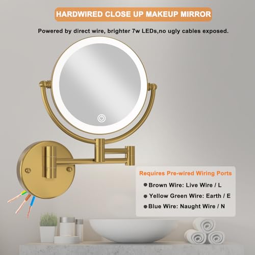 Hardwired Bathroom Makeup Mirror Wall Mount Gold, Double Sided 1/10X Magnifying Make up Mirror with Lights 3 Color & Adjustable Brightness, 360 Swing Arm Shaving Mirror, Brushed Moderne Brass