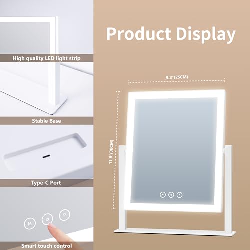 Vanity Mirror with Lights, Makeup Mirror with Lights Three Color Lighting Modes, Dimmable Touch Screen, Detachable 10X Magnifying Mirror, 360¡ÆFree Rotation,White