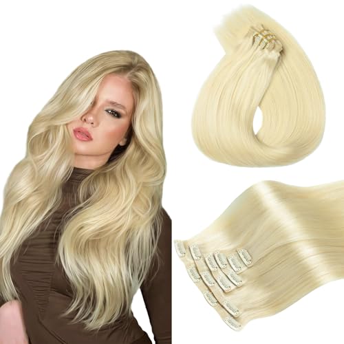 Worldstar Seamless Clip in Hair Extension Blond Invisible Hair Extensions Clip Ins #60 Platinum Blonde PU Weft Clip in Human Hair Extensions Add Volume Natural Ends 16 Inch 6 PCS 110 G (pu#60-16£©