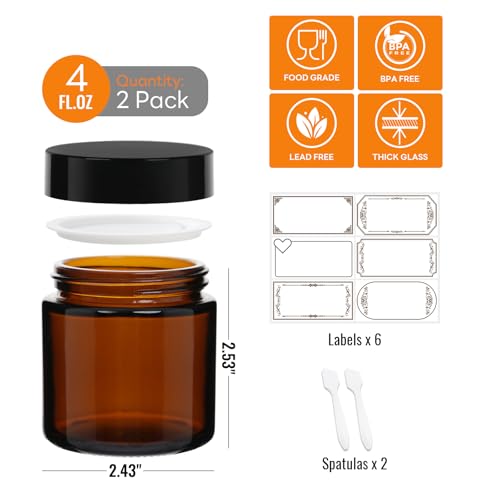 2 Pack 4 oz Amber Glass Jars with lids, Cosmetic Jars with Inner Liners and Black Lids, Lotion Jars, Candle Making Jars for Lotions, Scrubs and Cosmetic, Lables and Spatulas Include