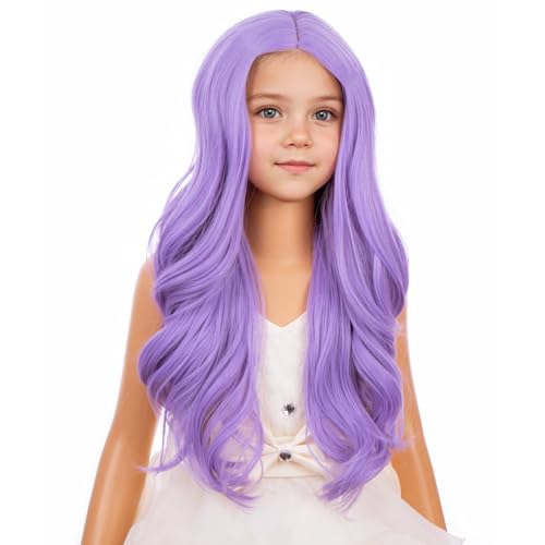 Purple Wig for Kids Girls - Long Wavy Curly Synthetic Wig with Wig Cap