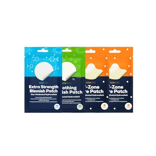 Hanhoo Soothing Blemish Patch, Extra Strength Blemish Patch, and T-Zone Pore Patch Bundle, 88 Total Patches, with Salicylic Acid, Tea Tree, and Aloe, Blackhead and Acne Treatment, Acne Stickers