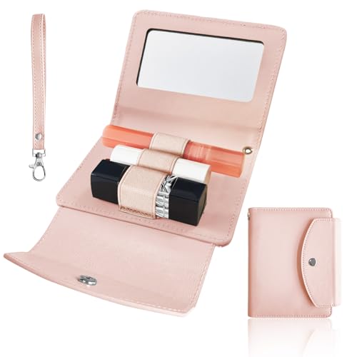 PU Lipstick Case Holder with Mirror Holds 3pcs of Long Lipsticks Keychain Holder with Clip Organizer Bag for Outside Mini Bag Pouch Gift for Women-Pink