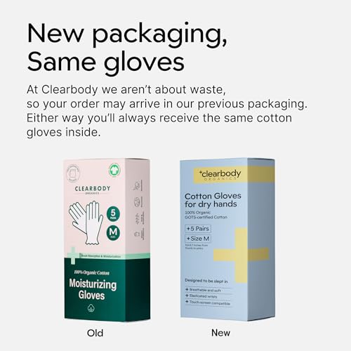 Clearbody Organics 100% Organic Cotton Gloves - 5 Pairs, Medium, White - Overnight Moisturizing White Gloves for Dry Hands