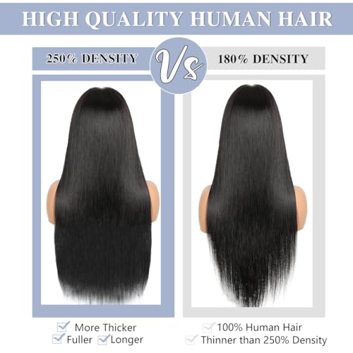 Hidden Strap 360 Lace Front Wigs Human Hair 250% Density Straight Human Hair Wigs for Bkack Women 360 Full Lace Wigs Human Hair with Drawstring 9A Natural Hairline (Natural Black, 20Inch)