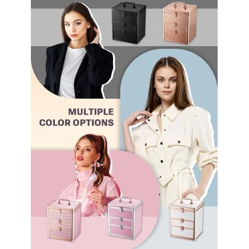Makeup Box with Double Drawers and A Detachable Lighted Mirror, Waterproof Travel Train Case, Cosmetic Organizer and Makeup Suitcase with Adjustable Dividers, Magnetic LED Mirror (Sparkling Pink)