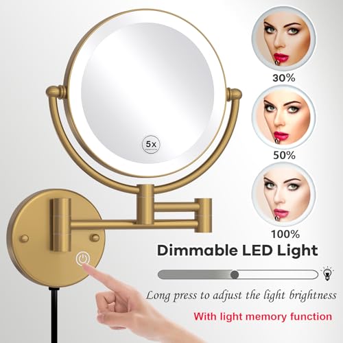 Lighted Makeup Mirror Wall Mount, 5X LED Double Sided Bathroom Magnifying Mirror with Light, Touch Sensor Dimming, Extendable Swing Arm 360 Swivel Shaving Cosmetic Mirror