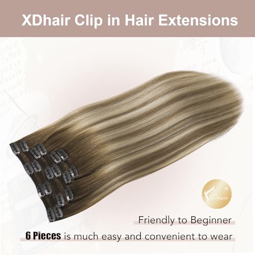 XDhair Clip in Hair Extensions Human Hair 120g 20 Inch 6pcs Balayage Color 3 Darker Brown to 8 Ash Brown and 22 Golden Blonde Double Drown Clip in Hair Extensions(20¡±, 3/8/22)