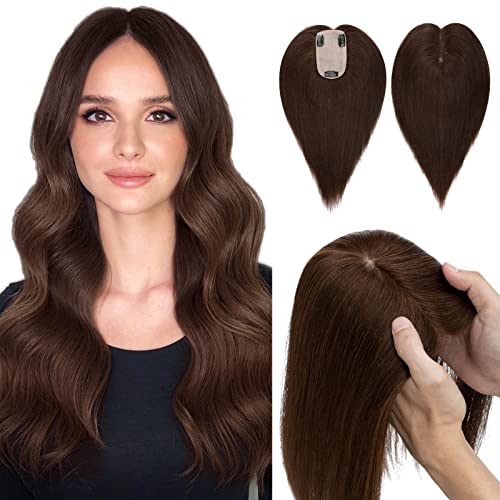 Hairro Human Hair Toppers for Women, Clip in Real Hairpieces, 130% Density 3"x5" Silk Base with Free Parting, for Covering Greyish Thinning Hair Loss/Adding Volume, 10 Inch Medium Brown