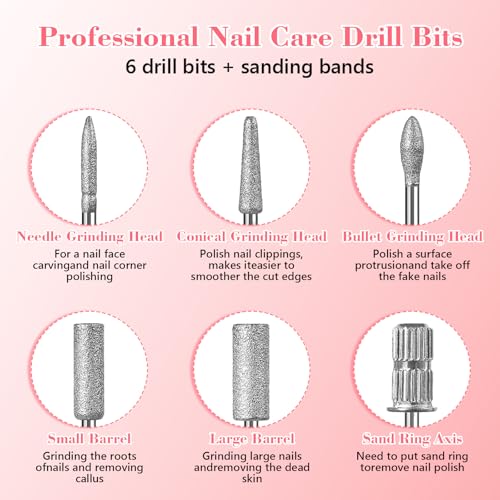 12Pcs Nail Drill bits Set,Professional Nail Art Tools Set for Acrylic Art,with 6 pcs Sanding Bands for Manicure & Pedicure Crystal Nail Files,Perfect for Nail Salons & Beauty
