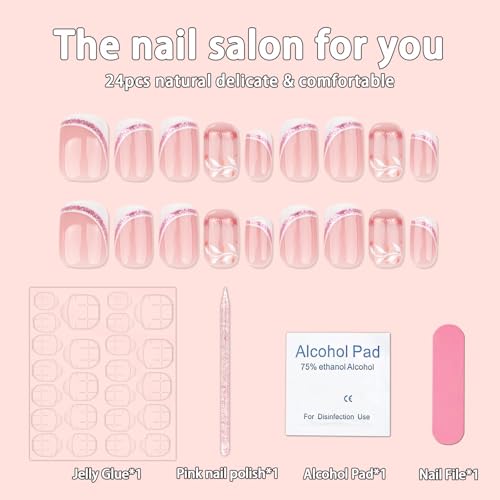 24Pcs Short Press on Nails French Tip Square Fake Nails with Rose Gold Glitter French White Leaf Design Pink Acrylic Nails Cute False Nails Artificial Nails Reusable Stick on Nails for Coquette Women