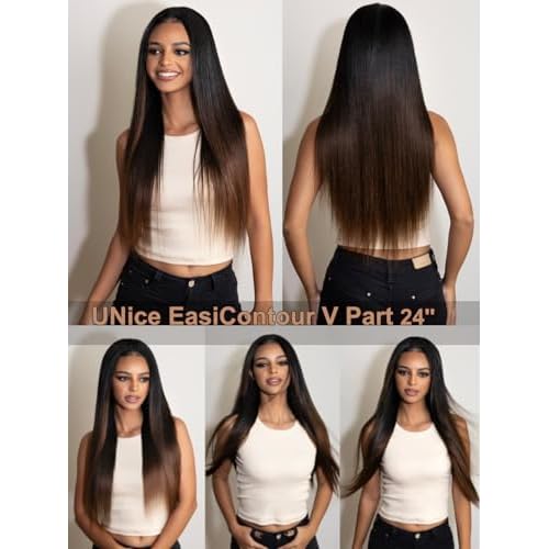 UNICE EasiContour V Part Wigs Human Hair Yaki Straight Glueless Clip in Vpart Human Hair Wig No Sew in No Glue Ombre Chestnut Brown Beginner Friendly 150% Density 20 inch