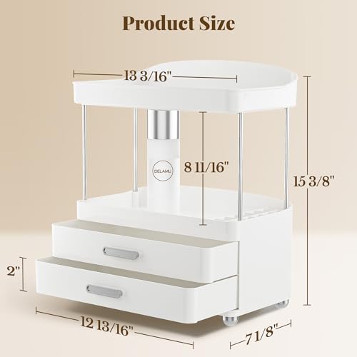 Delamu Bathroom Counter Organizer with Lipstick Holder, 4 Tier 2 Drawers Makeup Organizer, Bathroom Organizers and Storage for Vanity, Office, Perfume, Skincare, White