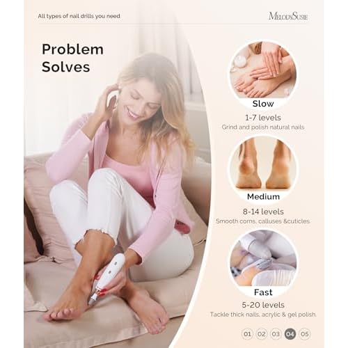 MelodySusie Professional Manicure Pedicure Kit, Cordless 8-in-1 Electric Nail Drill with 20 Speeds, Rechargeable E-File for Thick Nails & Cuticles, Ideal Foot Care for Women Men-PC650E (White Gold)