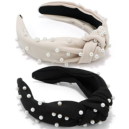 Pearl Knotted Headbands: 2Pcs Black Beaded Jeweled Embellished Hair Accessories Gift for Women