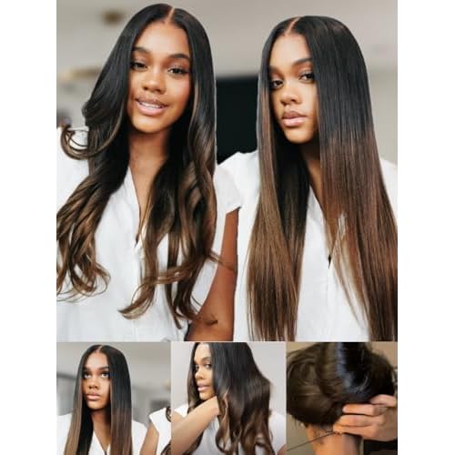 Nadula Chestnut Brown Ombre Yaki Straight Bye Bye Knots Glueless Wig Human Hair with Elastic Drawstring,Highlight Pre Cut 7x5 Invisible Knots HD Lace Front Wigs,Pre Everything Light Yaki Wig 20inch