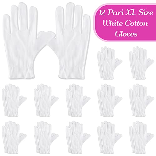 Paxcoo 12 Pairs XL White Cotton Gloves for Dry Hand Moisturizing Cosmetic Eczema Hand Spa and Jewelry Inspection