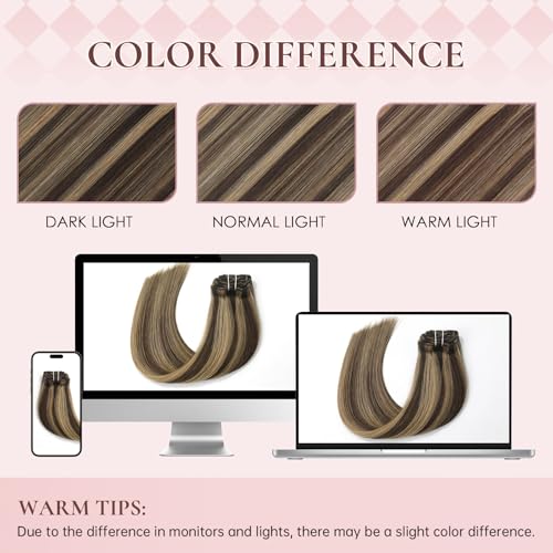 22 Inch Clip-in Real Human Hair Extensions,7 Pieces with 16 Clips,Chocolate Brown Highlighted Caramel Blonde 105 Gram Silky Straight Hair,Remy Thick Invisible, No Shedding