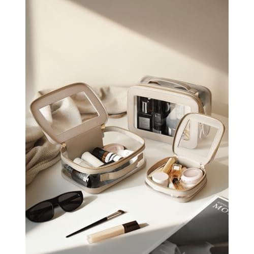 Clear Cosmetic Bag Set for Women Makeup Bag with Handle, 3 Pcs Travel Toiletry Bag Transparent Cosmetic Case Portable Make Up Organizer Bag for Essentials (Stone, Mini+S+L)