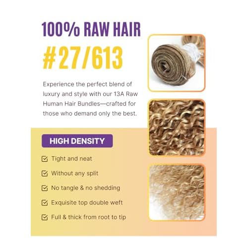 13A 27/613 Human Hair Bundles Water Wave 16 18 20 Inch, Highlight Blonde Curly 3 Bundles Wet n Wavy 100% Raw Hair Keep Silky And Soft After Washing #F27/613 Highlight Honey Blonde Sew In Weave