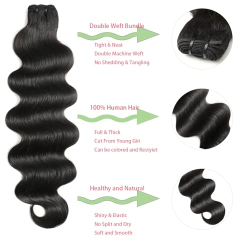 Human Hair Bundles 18 20 22 Inch 12A Body Wave Bundles Human Hair 100% Unprocessed Brazilian Virgin Hair 3 Bundles Double Weft Hair Extensions for Black Women Natural Black