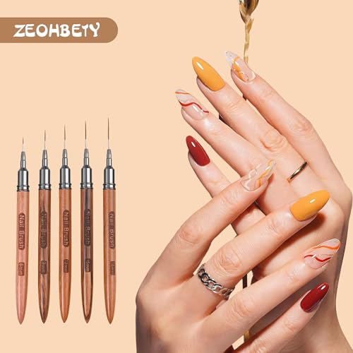 Wooden Nail Art Brushes, 5Pcs Nail Art Liner Brushes, Painting Art Design Brush Set Nail Dotting Drawing Tool for Long Lines, Thin Details, Fine Drawing Sizes 6/9/12/15/18mm, Natural