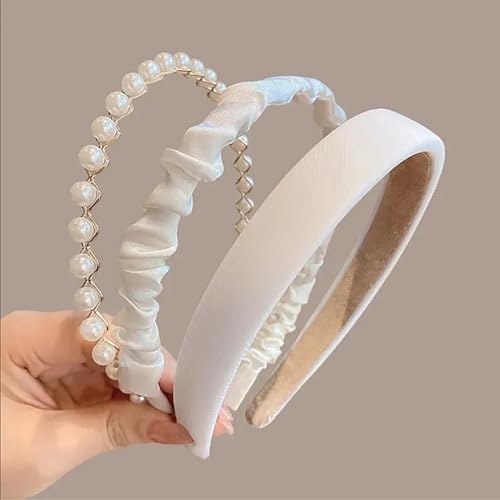 3PCS Headbands for Women & Girls - White Pearl Non-Slip Wide Padded Headbands - Cute & Vintage Women's Hair Accessories