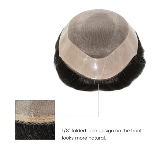 Men's Real Human Hair Toupee Natural Hairline Hair Replacement System for Men Breathable Fine Mono Base with Poly Perimeter Lace Front Edge Durable & Realistic Wig for Daily Wear (8"x10")
