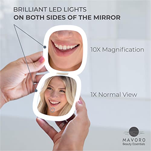 Mavoro LED Lighted Travel Makeup Mirror | 1x/10x Magnification | Rechargeable USB-C | Pocket & Purse Portable Lighted Travel Makeup Compact Mirror, Touch Sensor (Champagne Gold)