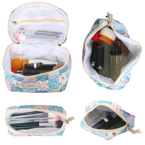 VIWIME Makeup Cosmetic Bag, Large Cotton Quilted Travel Coquette Aesthetic Cute Floral Make up Bag for Women Toiletry Bag Organizer (204- Gird Rose / 4Pcs)