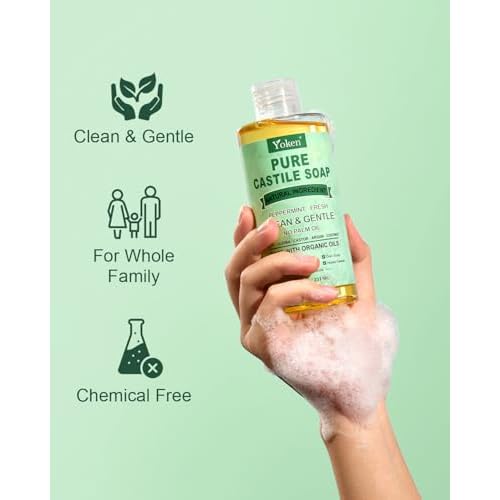 Peppermint Castile Soap Liquid 8 OZ, Made with Certified Organic Oils, Gentle Peppermint Soap for Body Wash, Face, Hands, Dishes, Laundry & More - Vegan & Natural Ingredients Versatile Cleanser