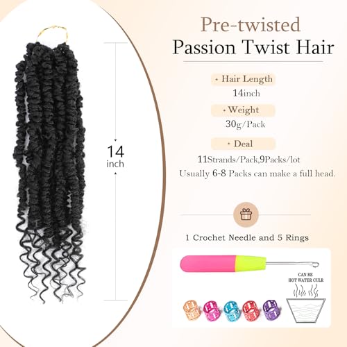 Passion Twist Crochet Hair,14 Inch 9 Packs Pretwisted Passion Twist Hair, Soft Pre Looped And Pre twist Crochet Hair For Women,Black Curly Crochet Braids(14in,1B#)