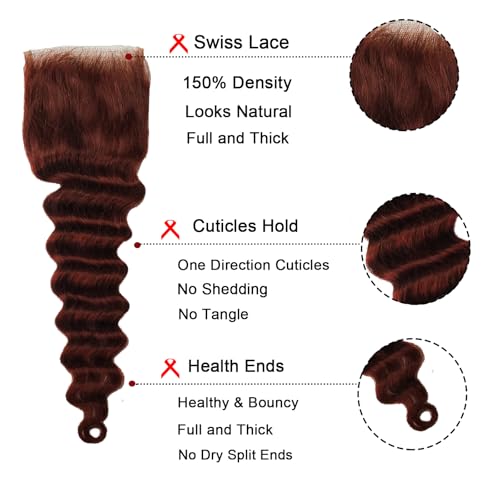 Loose Deep Wave Bundles Human Hair with Closure 12a Reddish Brown Human Hair Bundles with 4¡¿4 Closure Copper Red Wavy Hair Bundle (Loose Deep Wave16 18 20 with16 free)