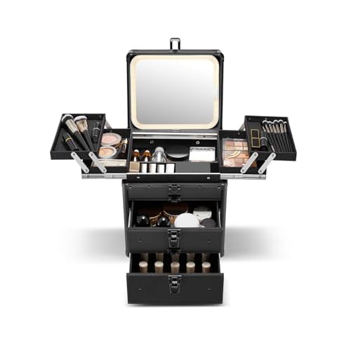 Qislee Makeup Box with Double Drawers and Four Trays, A Detachable Lighted Mirror, Waterproof Travel Train Case, Cosmetic Organizer and Makeup Suitcase with Magnetic LED Mirror(Black)