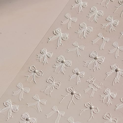 5D Embossed White Lace Bowknot Nail Art Stickers Pearl Bow Nail Stickers for Nail Art Supplies Retro Relief Bow Nail Decals Self-sdhsive Bow Stickers for Nails Ribbon Bows Nail Accessories for Women