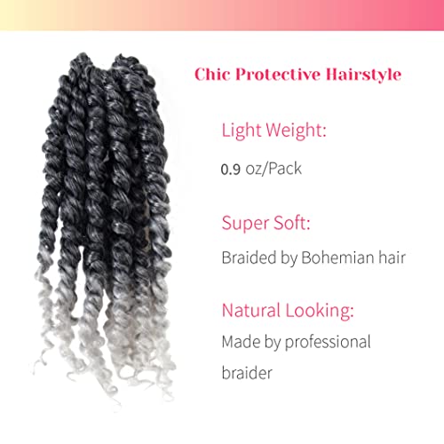 BOHOBABE Pre-twisted Passion Twist Crochet Hair 6 Inch Short Ombre Gray Pre-looped Crochet Passion Twist Braiding Hair 8 Packs (T1B/grey)